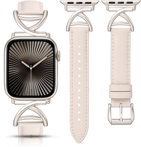 TOYOUTHS Leather Straps Compatible with Apple Watch Strap 38/40/41/42mm Women, Slim Dressy Soft Leather Bracelet with A-Shape Metal Buckle for iWatch 11 10 9 8 7 6 5 4 SE 3 2 1, Starlight/Starlight