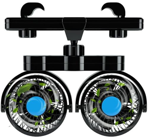 Mineup Auto Ventilator für Rücksitz, 12V Doppelkopf-Autolüfter Kühlung, Doppelkopf Autolüfter Gebläse mit 3 Geschwindigkeiten, Ventilator für Auto, 360° Drehbarer Leise Lüfter für Auto/SUV/RV