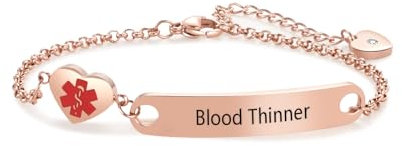 LSxAB Rose Gold Medical Alert Blood Thinner Bracelet for Women Elderly Health Emergency First Aid Stainless Steel Adjustable Chain Bracelets