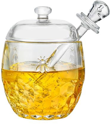 H&D HYALINE & DORA Honigtopf mit Schöpflöffel und Deckel, Honigglas aus Glas mit Schöpflöffel, Honigbehälter mit breiter Öffnung, luftdichter Sirup Honigspender für die Küche zu Hause (204 ml)