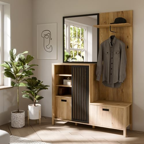 Forte JYTANA Garderobe 130, skandinavische Garderobe mit Spiegel, Kleiderstange und Aufbewahrung, Holzwerkstoff, Mauvella Eiche Holzdekor/Schwarz, 132 cm breit x 200,3 cm hoch x 40,2 cm tief