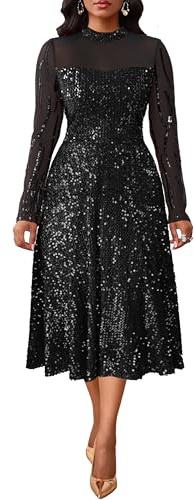VERWIN Women's Sparkly Round Neck Long Sleeve A Line Prom Party Cocktail Midi Sequins Dress with Pockets