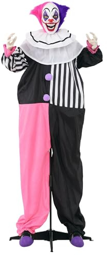 HOMCOM Halloween Dekoration 173 cm Grusel-Clown mit LED-Lichter, Soundfunktion, Haustür Deko mit verstellbare Arme, Kopf, Garten Dekofigur für Party, Bunt