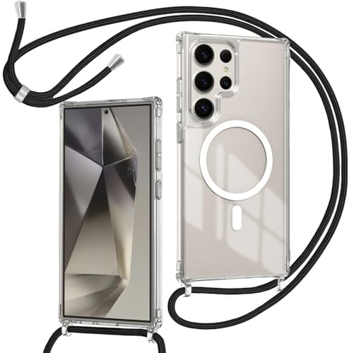 ZYIMOU Coque pour Samsung Galaxy S24 Ultra 5G avec Cordon Compatible avec MagSafe, Housse Magnétique Transparente Étui avec Collier Réglable Résistant Silicone Case, Chaîne Noir