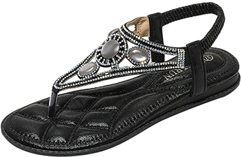 Luadnysin Sandales Femme Été Confortable Nu Pieds T-Strap Bride Élastique À La Cheville Ouvert Bout Chaussure De Plage Strass Cristal Florals Casual Chaussures,35-46