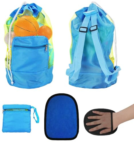 TENGWA Bolsa de Juguetes Playa de Malla 48 * 24cm Bolsa Plegable de Malla de Playa Azul Incluye 1 Guante Bolsas de Juguetes Plegable Portátil Reutilizable para Niños Guardar Concha