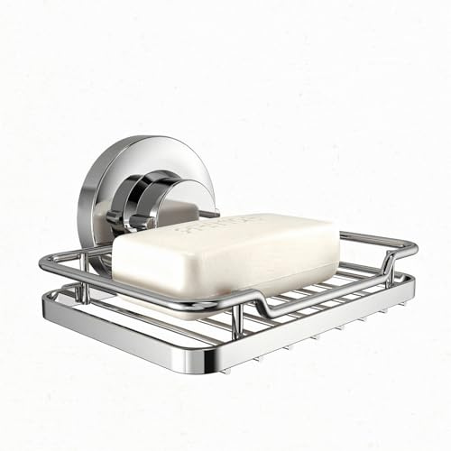 Poywaze Suction Soap Dish for Shower, Stainless Steel Soap Holder with Strong Vacuum Suction Cup, No Drilling Soap Holder Basket, Rustproof Bathroom Soap Tray for Shower Wall