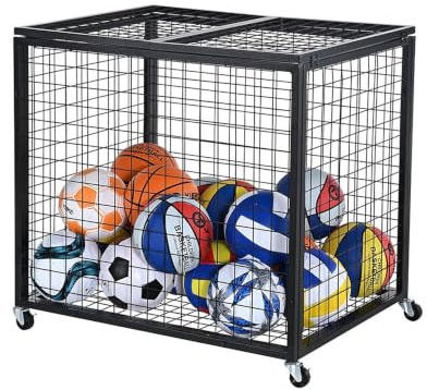 Relaxdays ball trolley, 4 castors, brakes, HWD: 81.5 x 85 x 66 cm, black | lockable, ball cage for footballs, basketballs