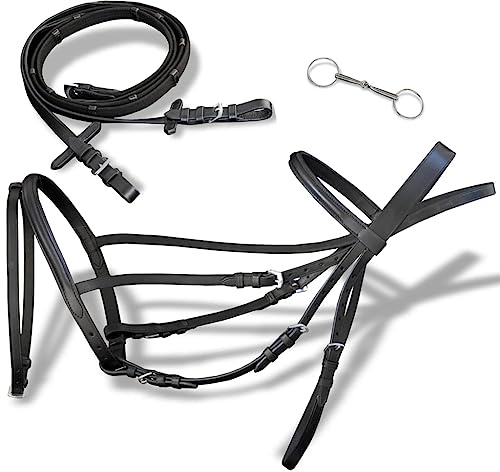 Mangloder Leder Trense Trensenzaum mit Zügeln und Gebiß schwarz Kolben für Dressur Springen Gelände Reiten, hochwertiges Büffelleder, 7-stufige Längenverstellung, gepolstertes Stirnband