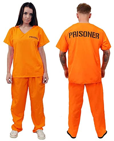 Adults Unisex Prisoners Costume - Orange Prisoner Top, Matching Orange Trousers - Cops & Robbers, Halloween Fancy Dress (Small)