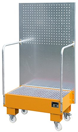 Fahrbare Auffangwanne mit Lochplattenwand, 2 x 60-l-Fass stehend nebeneinander, LxBxH 570 x 890 x 1685 mm, gelborange.