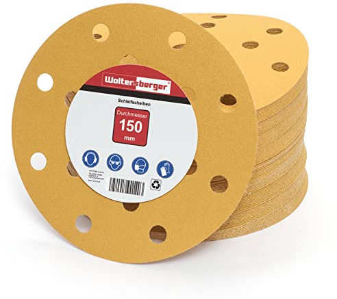 Woltersberger® 50 Stück Exzenter Schleifscheiben Ø 150mm | Körnung P400 | 15 Loch in gold | Schleifpapier für optimales schleifen, vielseitig einsetzbar