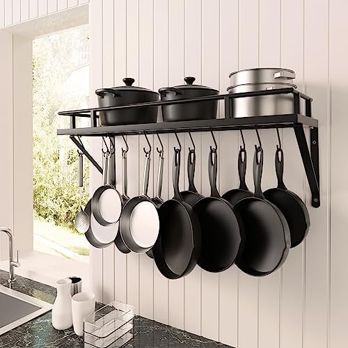 KES Küchenutensilienhalter Pfannenhalter Küchenregal Küche mit 12 Haken Hängeregal Gewürz Pfanne Regal Wandregal Küchenleiste 75CM Wandmontage Matt Schwarz, KUR215S75A-BK