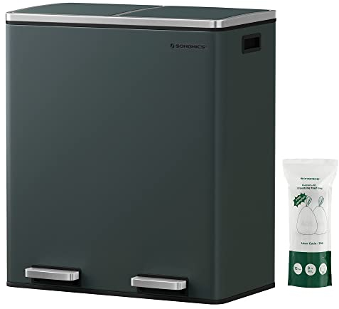 SONGMICS Mülleimer, 60 l (60 l) Mülleimer und 15 Müllbeutel, mit zwei Fächern, Inneneimer aus Kunststoff, 2 x 30 l, Grau