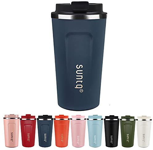 SUNTQ Kaffeebecher to go aus Edelstahl - Thermobecher Doppelwand Isoliert - Kaffeetasse mit Auslaufsicherem Deckel Wiederverwendbar (Schwarzblau, 510ml)