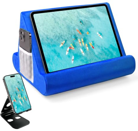 2pcs Multi-Angle Tablet Holder Cushion Stand with Net Pocket & Black Color Phone Stands Upgraded Tablet Pad Support for Phone,Pad,Books(Blue)