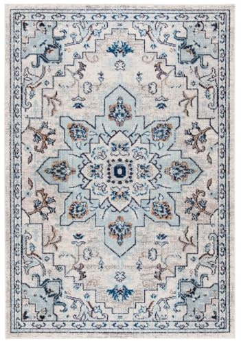 SAFAVIEH Boho Teppich für Wohnzimmer, Esszimmer, Schlafzimmer - Madison Collection, Kurzer Flor, Elfenbein und Hellblau, 91 X 152 cm