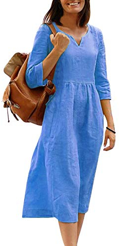 Onsoyours Damen Lässiges Baumwoll-Leinenkleid Summer Solid Plus Size Lose Kleider Damen Elegantes Langarm-Midikleid Blau M