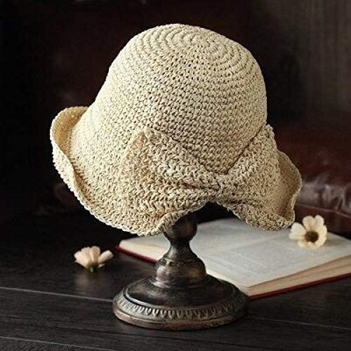 Sonnenhut Strohhut Hut Damen Frauen Strand Elegante Sonnenhut Floppy Krempe Faltbare Panama Chapeau Breite Krempe Bowknot Stroh Visiere Hut-Beige_56-58Cm