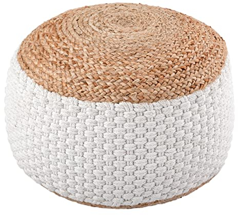 kreatives Wohnen Jute Sitzhocker rund 50x50 cm Deko Hocker Jute Natur Sitzpouf Bodenkissen Fußhocker Weiss Jute Natur Sitzpouf
