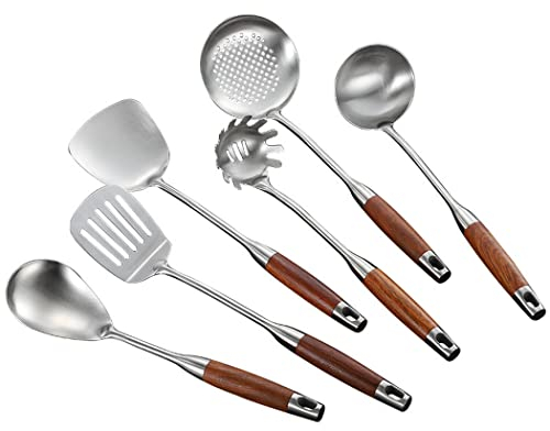 Abcsea 6 Pièces Accessoires Set de Cuisine, Cuillères de Cuisine, Ustensiles de Cuisine Inox, Spatules Cuisine Inox, Gadgets de Cuisine, avec Manche Stratifié en Poirier