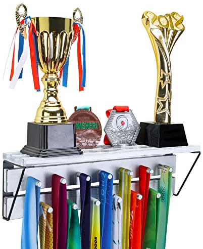Medaillenhalter, Aufhänger aus rustikalem Holz, Wandmontage, Trophäenregal, Medaillenhalter und Medaillen-Aufhänger, Rennmedaillenständer und Medaillenaufhänger mit Regal, Weiß