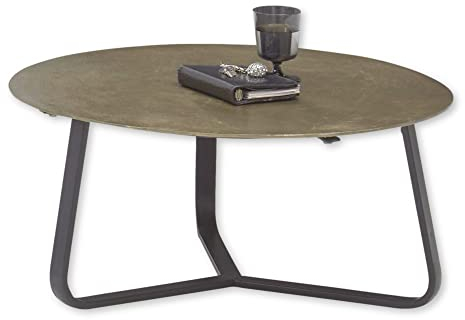 RANCHI Couchtisch rund Metall, Gold Antik - Außergewöhnlicher Sofatisch mit goldener Metallplatte und Metallgestell - 75 x 33,5 x 75 cm (B/H/T)