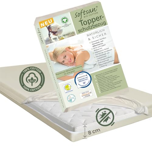 Softsan Encasing für Boxspring Topper aus Bio Baumwolle | bis 8 cm Höhe | Anti Milben Schutzbezug | Weltneuheit | Viele Größen (140 x 200 x 8 cm)