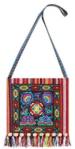 Embroidered Canvas Bag With Tassels, Boho Ethnic Shoulder Bag Hippie Messenger Bag Square Shape Tote Handbag Hobo Crossbody Bag For Women (Red)