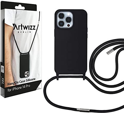 Artwizz HangOn Case kompatibel mit iPhone 14 Pro - Elastische Schutzhülle aus Silikon als Handykette zum Umhängen mit Band - Schwarz