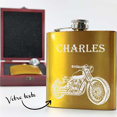 KDO MAGIC - Flasque alcool personnalisé - Flasque de poche personnalisable avec un prénom - 175ml - Couleur or - Idée cadeau pour fête des pères, anniversaire, retraite et noël (Modèle Moto)