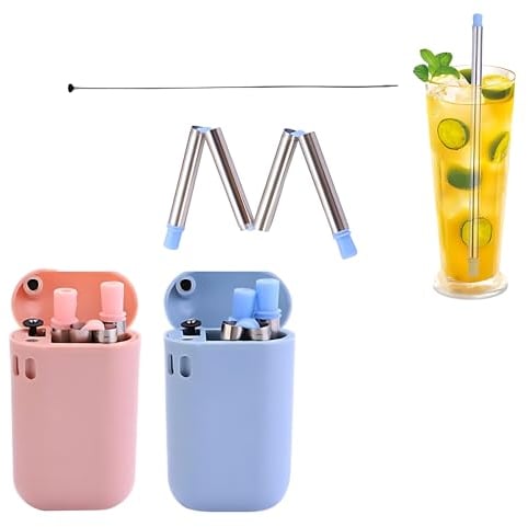 Lot de 2 pailles pliables pour elle et lui avec étui de voyage (acier inoxydable) | Pailles pliables roses et bleues | Paille réutilisable respectueuse de l'environnement avec brosse de nettoyage en