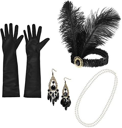 Balinco 1920s Accessoires Set, Hals Perlenkette, Schwarze Handschuhe, Ohrringe, Flapper-Kopfschmuck Haarbandband, Karneval, Fasching, Festival, 20er Jahre