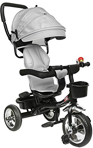 Dreirad 4 in 1 mit Verstellbarem Schubstange Lenksystem, Kinderdreirad mit Abnehmbarer Baldachin, Klingel, Gummireifen, Bequemer Sitz (Grau)