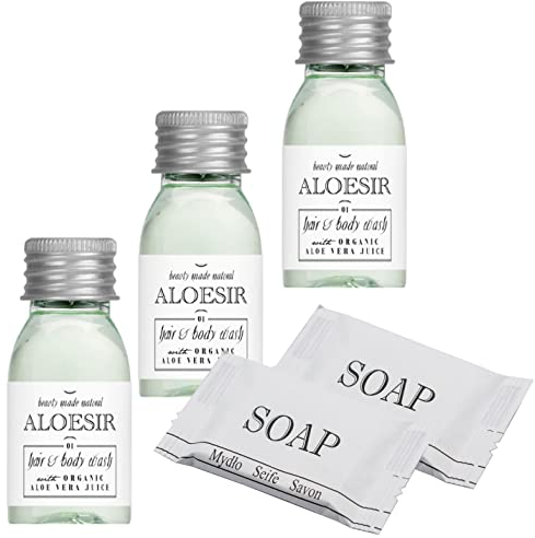 Aloesir Hotel Amenities: Shampoo-Gel 22ml 600Stk. + Seife 14g 500Stk. für empfindliche Haut, Aloe Vera, Unisex, Skin Care Set