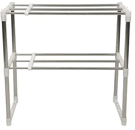 MINGYI Étagères Télescopique à 2 Niveaux, Étagère Rangement Cuisine avec Crochets, Longueur Réglable (47-87) cm, Étagères à Épices pour Four à Micro-Ondes, Argent (47-87)×24×63 cm