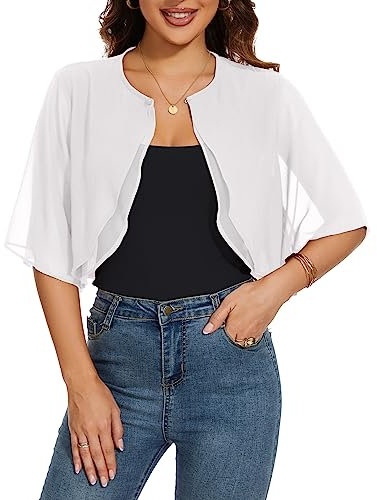 HANERDUN Boléro Femme Festif Elégant Cardigan Mousseline Manches Court Veste d'épaule Parfait avec Toutes Sortes de Robe de Cocktail Robe de Soirée