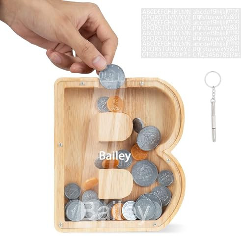 DONJIM Personalized Wooden Money Box, 7 Letter Piggy Bank, Clear Money Gift Box, Detachable Money Jar, with DIY Alphabet Stickers and Screwdriver, Alphabet B Money Tin