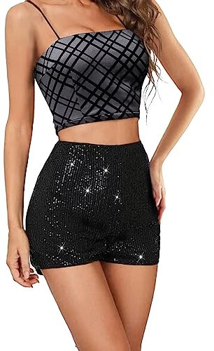 Caziffer Pantaloncini Paillettes Donne Vita Media Banda Elastica Scintillante Gamba Dritta Pantaloncini Notte-out Glitter Caldo per La Festa Danza Rave (Nero, M)