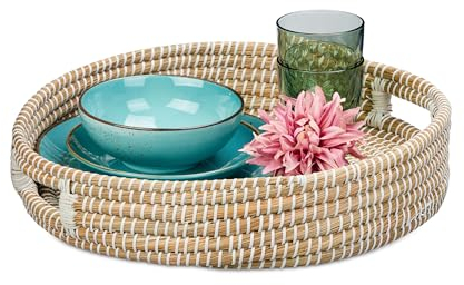 Relaxdays Serviertablett, Esstablett mit Griffen, geflochtenes Tragetablett aus Seegras, Küche, hoher Rand, rund, Natur