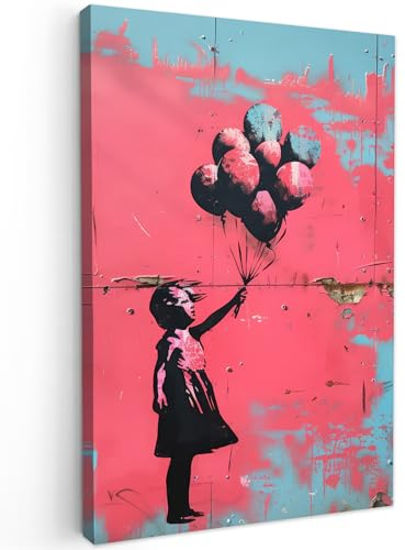 MuchoWow© Bilder 60x90 cm Wohnzimmer Deko Modern Wandbild Kunstdruck auf Leinwand Bild Schlafzimmer über Bett Room Decor Geschenke Graffiti - Mädchen - Ballon - Banksy - Street art