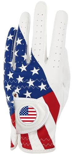 GOLTERS Golf Gloves Left Hand with Ball Marker Men Women Golf Gloves USA Flag Synthetic Leather Lycra Fiber Adjustable Strap Worn On Left Hand
