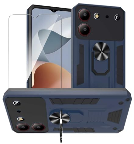 MIBZOR Hülle Kompatibel mit ZTE Blade A54 (6.6), 1 Blau Handyhülle und 1 Stück Schutzglas Panzerglas, Schutzhülle Mit 360 Grad Ring Ständer Stoßfeste PC + TPU Tasche Case