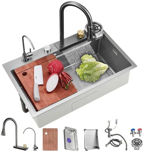 Lavello da cucina Cascata Raindance Nero Acciaio Inox Lavandino Cucina con Rubinetto estraibile con kit di scarico e filtro cestello (Grey, 75 * 45CM)