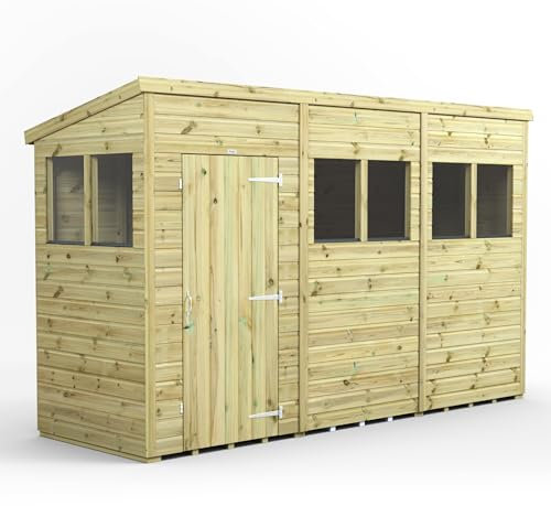 Powersheds High Grade Premium Pressure Treated Pent Shed Garden Wooden Shed with Heavy Duty Frame, Door & Window Flexibility made from Extra Thick Timber & Toughened Glass (12x4)