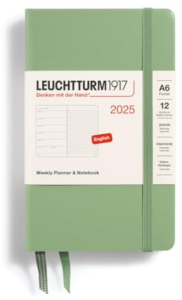 LEUCHTTURM1917 370648 Wochenkalender & Notizbuch Pocket (A6) 2025, Salbei, Englisch