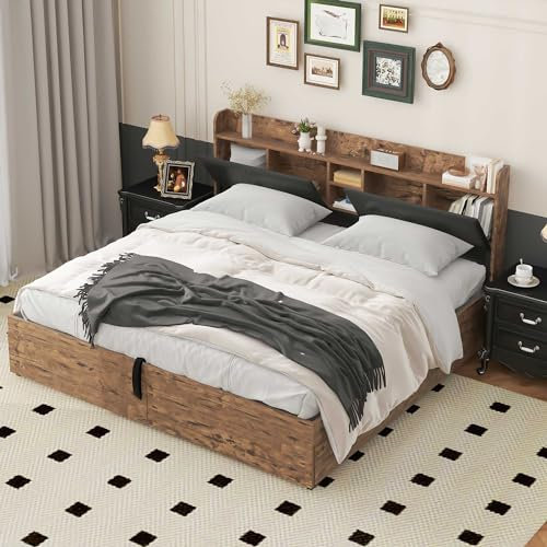 I0I&I0I Metallbett, Hydraulikbett mit Stauraum, Doppelbett Jugendbett, Kopfteil mit Fächern, Metall Lattenrost, ohne Matratze, für Erwachsene, Kinder, Jugendliche (Schwarz, 180 x 200 cm)