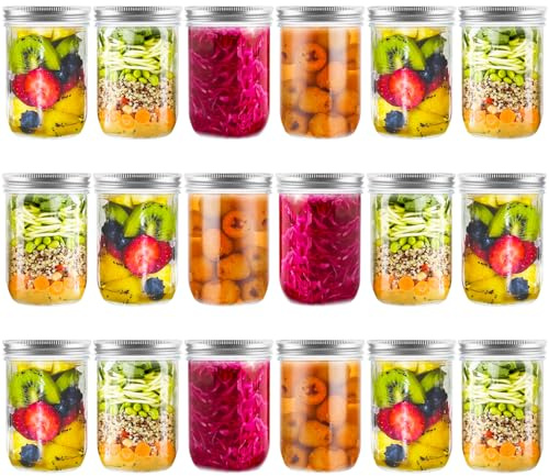 LOPYXBR Mason Jar Lot de 18 bocaux de conservation avec couvercles à visser 500 ml avec couvercles pour confiture, miel, yaourt, concombres et oats de nuit