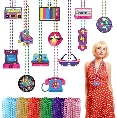 LOHAME 24 Stück 80er Jahre Halskette Damen Neon Party Accessoires mit Neonfarbenen Perlen Vintage Schmuck Retro Perlenketten mit Filz Anhänger 80er 90er Kostümzubehör für Frauen Halloween Karneval