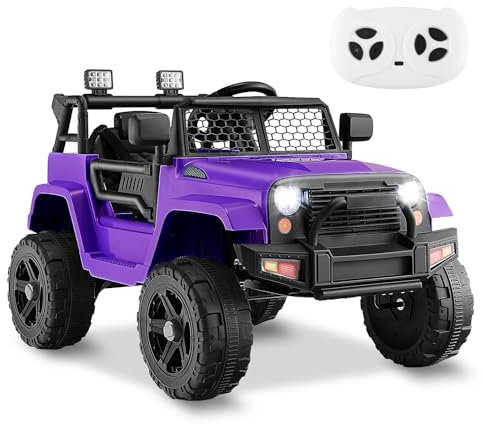 GYMAX Kids Ride on Car, 12V Battery Powered Car with Remote Control, MP3, USB/Aux Port, Lights, Music, Horn, Spring Suspension, Safety Belt & Slow Start, Children Electric Truck (Purple)